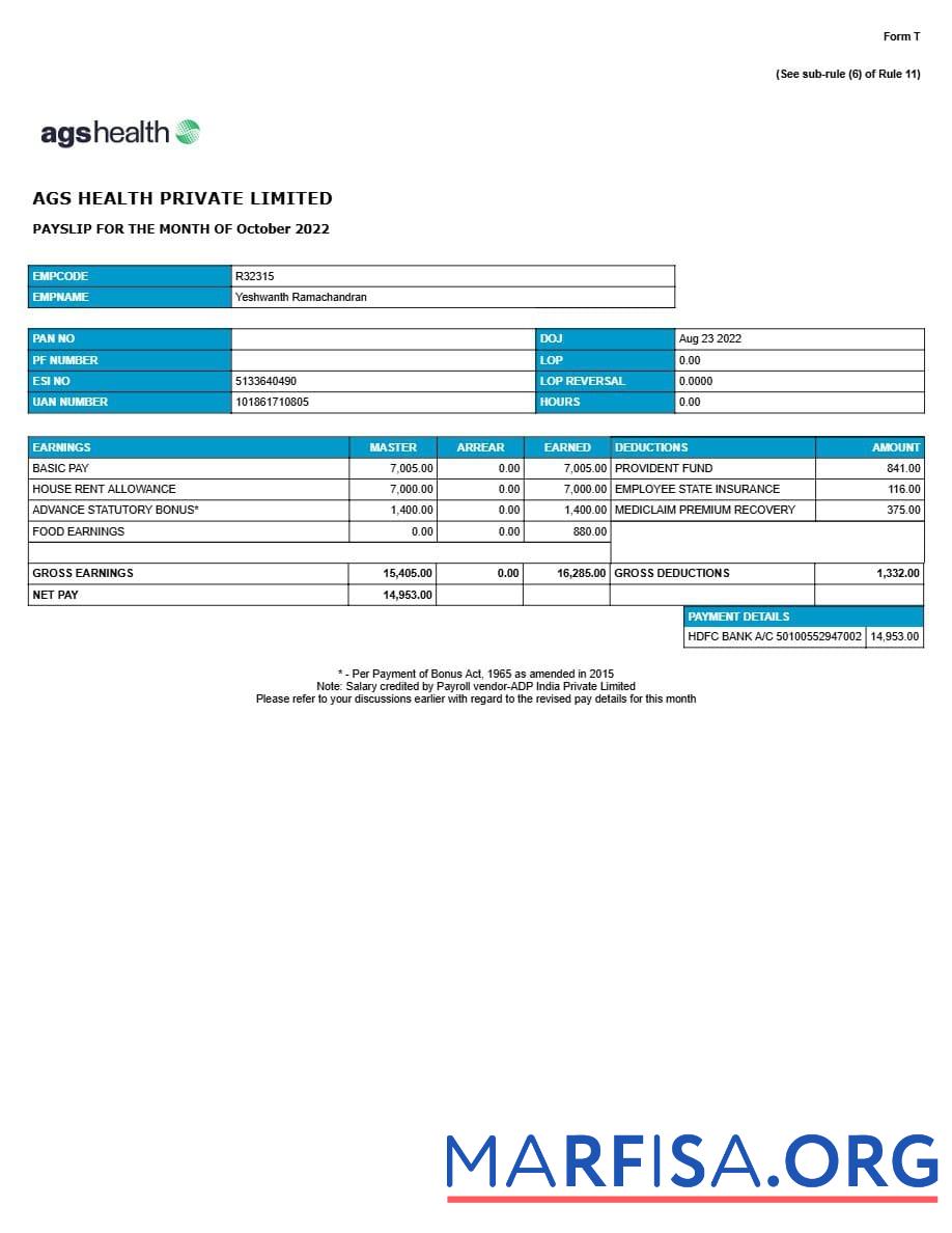 Printable AGS Health management company payslip example